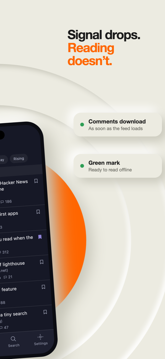 Comments download as soon as the feed loads; a green mark means a story is ready to read offline