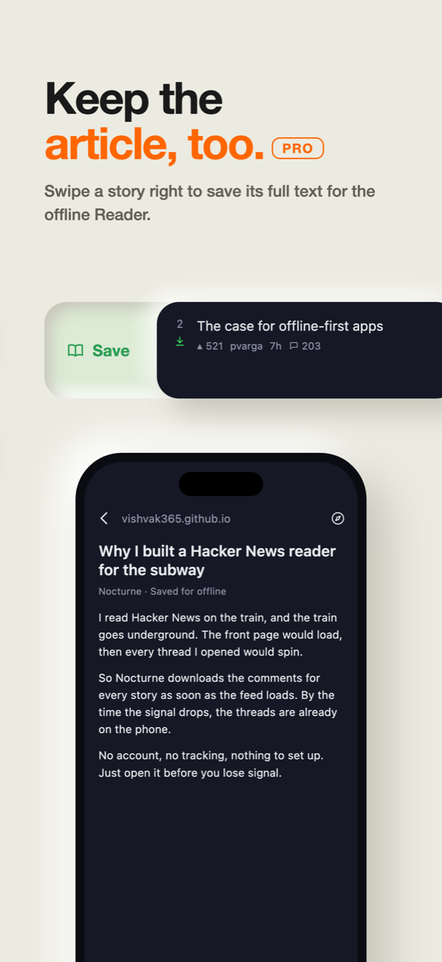 Swiping a story right to save its full article, shown open in the offline Reader