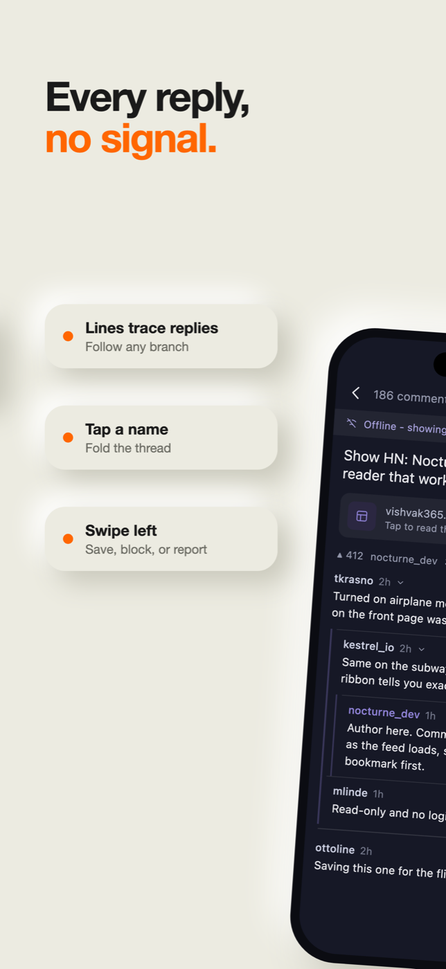 A comment thread with line guides tracing each reply, plus swipe actions