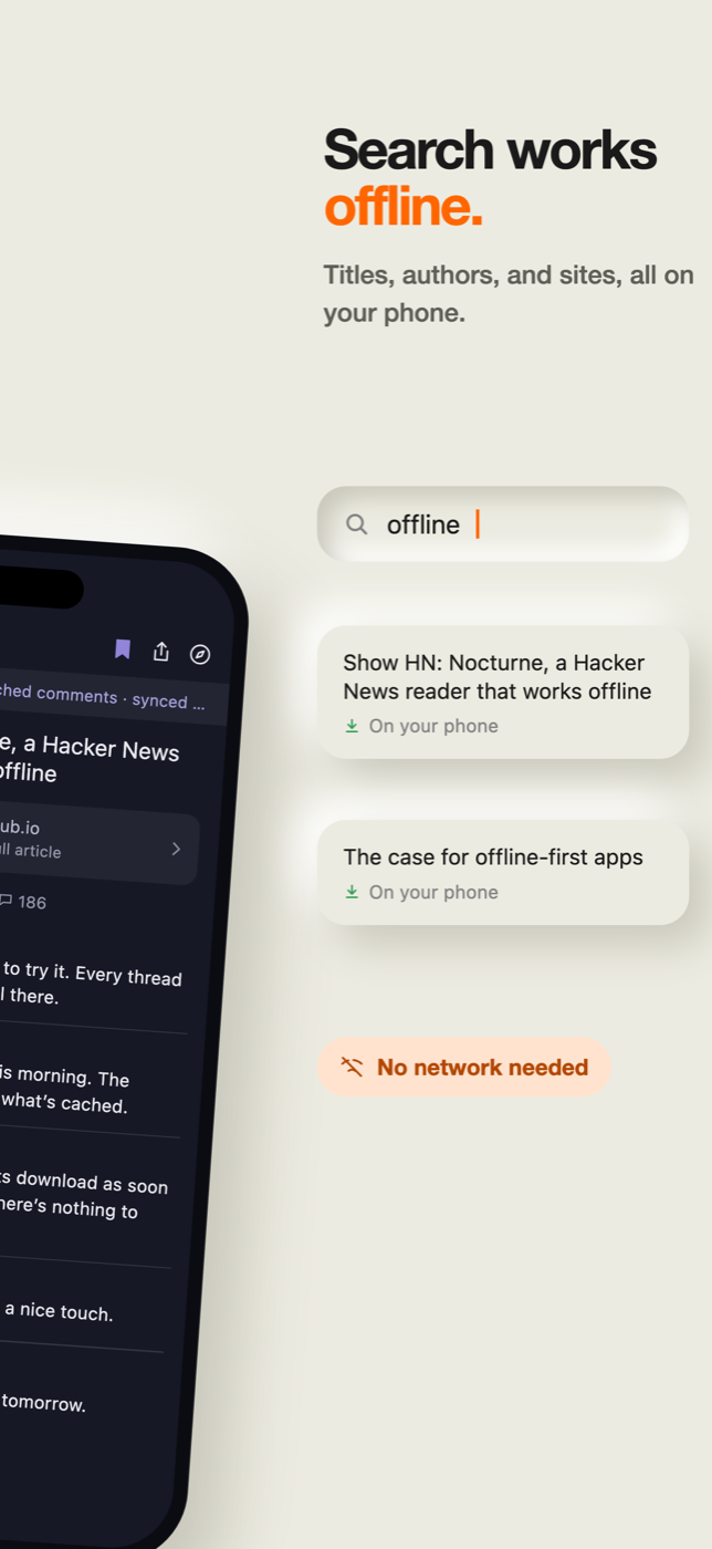 Searching cached stories by title, author, and site with no network