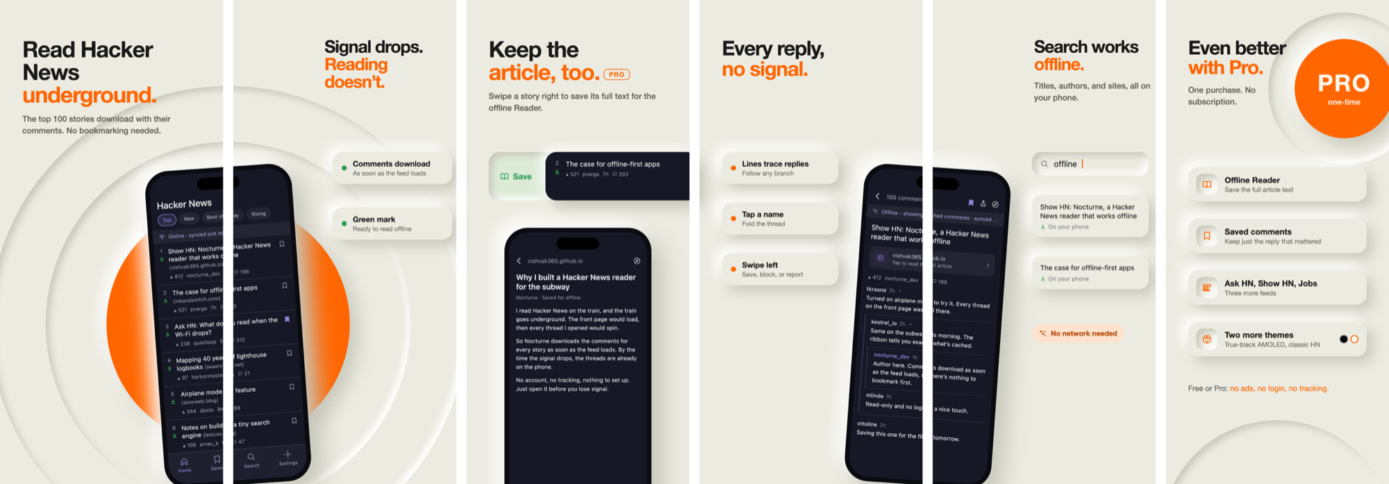 Six App Store screenshots of Nocturne: the offline-ready home feed, comments downloading automatically, swipe-to-save articles, threaded comments with line guides, search that works offline, and the Pro features